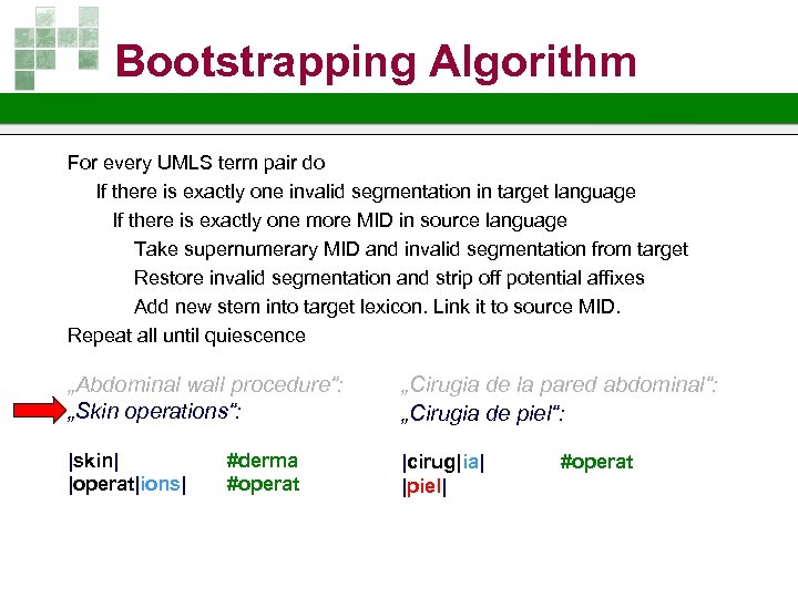 Bootstrapping Algorithm For every UMLS term pair do If there is exactly one invalid