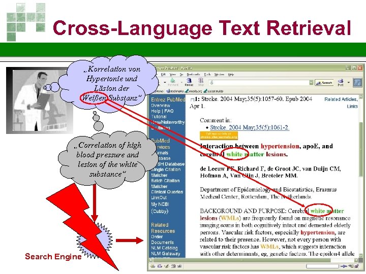 Cross-Language Text Retrieval „Korrelation von Hypertonie und Läsion der Weißen Substanz“ „Correlation of high