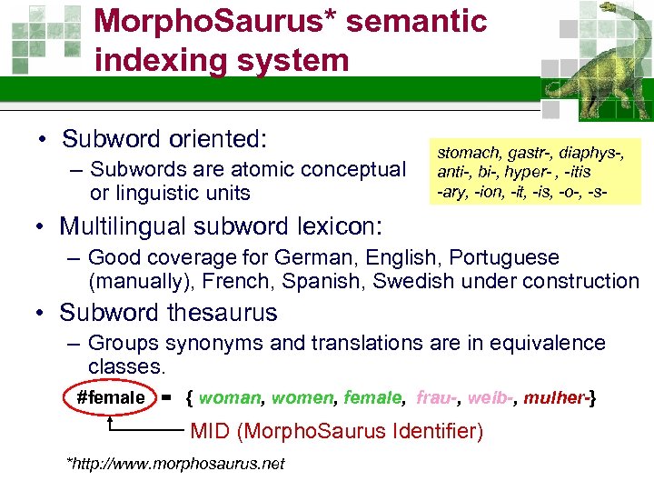 Morpho. Saurus* semantic indexing system • Subword oriented: – Subwords are atomic conceptual or