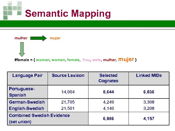 Semantic Mapping mulher mujer #female = { woman, women, female, frau, weib, mulher, mujer