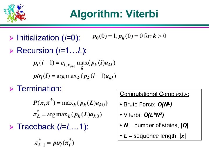 Algorithm: Viterbi Ø Initialization (i=0): Ø Recursion (i=1…L): Ø Termination: Computational Complexity: • Brute