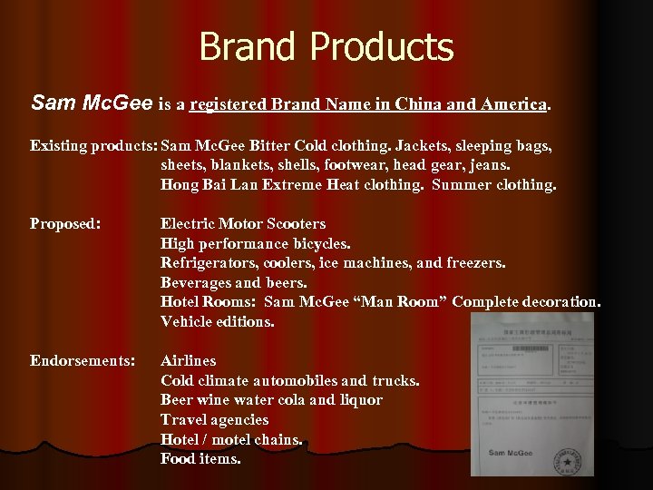 Brand Products Sam Mc. Gee is a registered Brand Name in China and America.