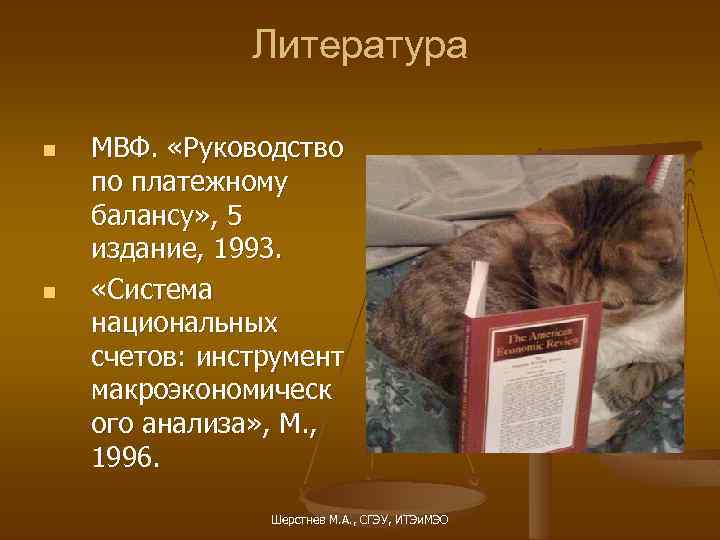 Литература n n МВФ. «Руководство по платежному балансу» , 5 издание, 1993. «Система национальных