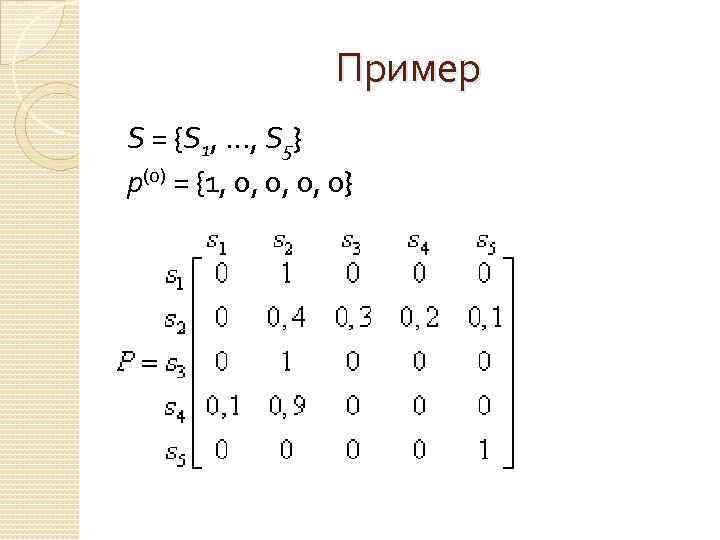 Пример S = {S 1, …, S 5} p(0) = {1, 0, 0} 