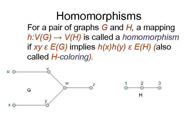 Homomorphisms For a pair of graphs G and H, a mapping h: V(G) →