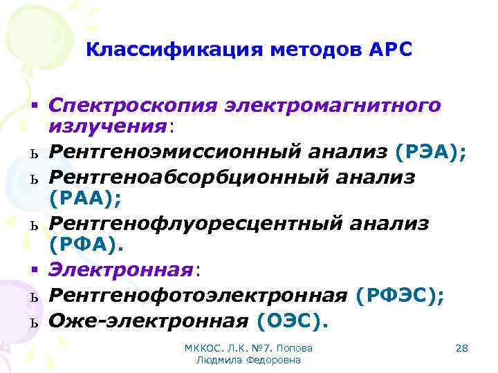 Классификация методов АРС § Спектроскопия электромагнитного излучения: ь Рентгеноэмиссионный анализ (РЭА); ь Рентгеноабсорбционный анализ