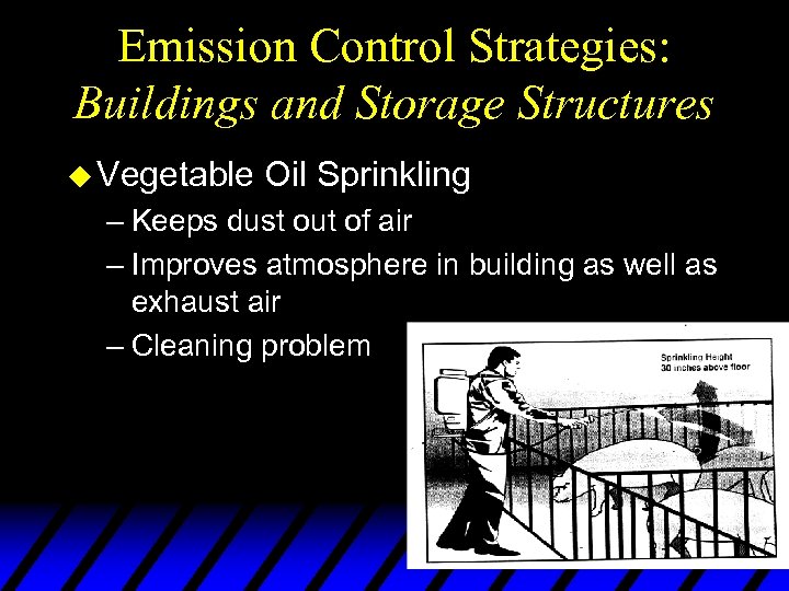 Emission Control Strategies: Buildings and Storage Structures u Vegetable Oil Sprinkling – Keeps dust