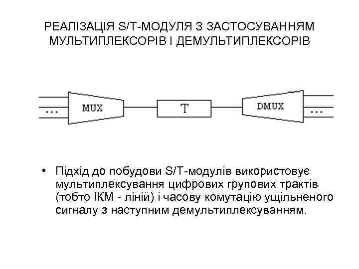 РЕАЛІЗАЦІЯ S/T-МОДУЛЯ З ЗАСТОСУВАННЯМ МУЛЬТИПЛЕКСОРІВ І ДЕМУЛЬТИПЛЕКСОРІВ • Підхід до побудови S/T-модулів використовує мультиплексування