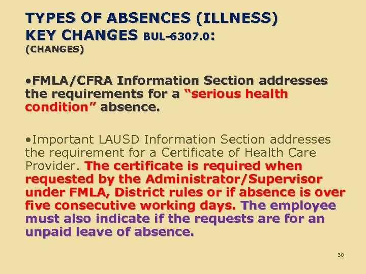 TYPES OF ABSENCES (ILLNESS) KEY CHANGES BUL-6307. 0: (CHANGES) • FMLA/CFRA Information Section addresses