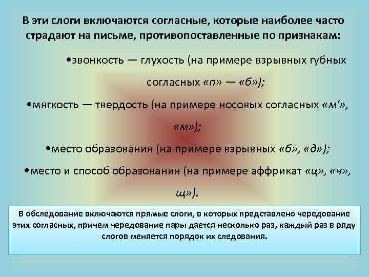 В эти слоги включаются согласные, которые наиболее часто страдают на письме, противопоставленные по признакам: