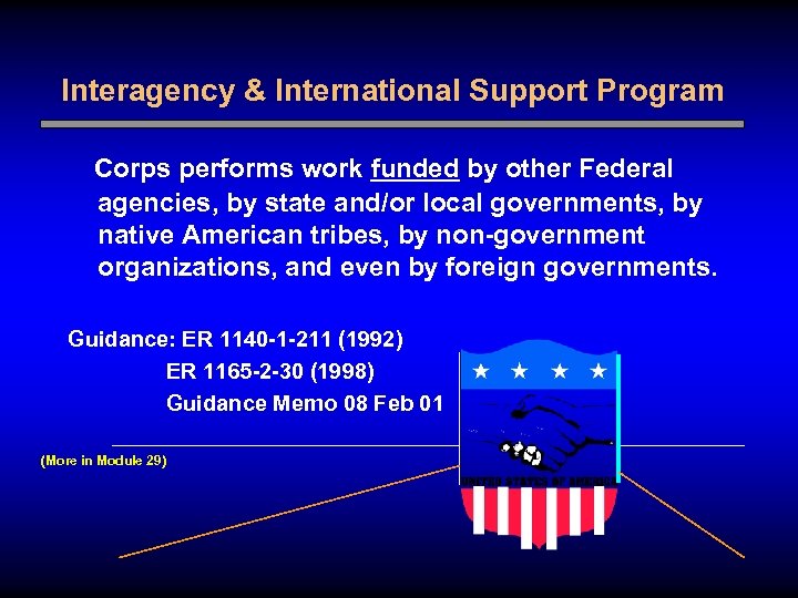 Interagency & International Support Program Corps performs work funded by other Federal agencies, by