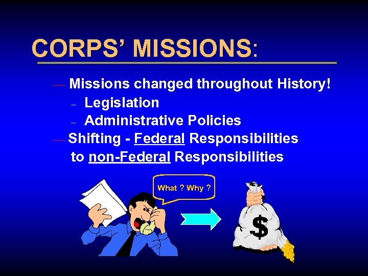 CORPS’ MISSIONS: — Missions changed throughout History! Legislation – Administrative Policies — Shifting -