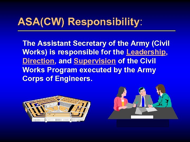 ASA(CW) Responsibility: The Assistant Secretary of the Army (Civil Works) is responsible for the