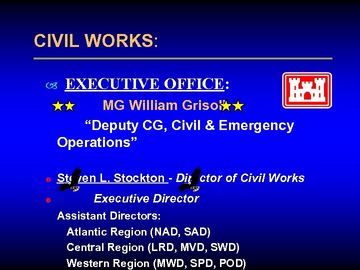 CIVIL WORKS: EXECUTIVE OFFICE: MG William Grisoli “Deputy CG, Civil & Emergency Operations” Steven
