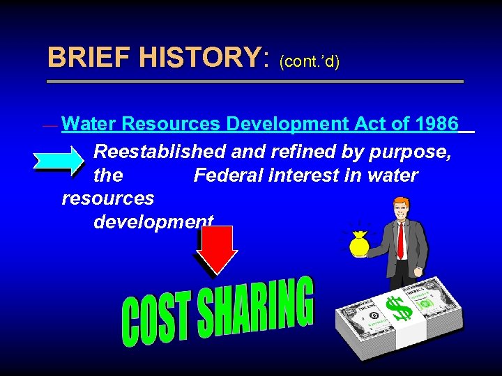BRIEF HISTORY: (cont. ’d) — Water Resources Development Act of 1986 Reestablished and refined