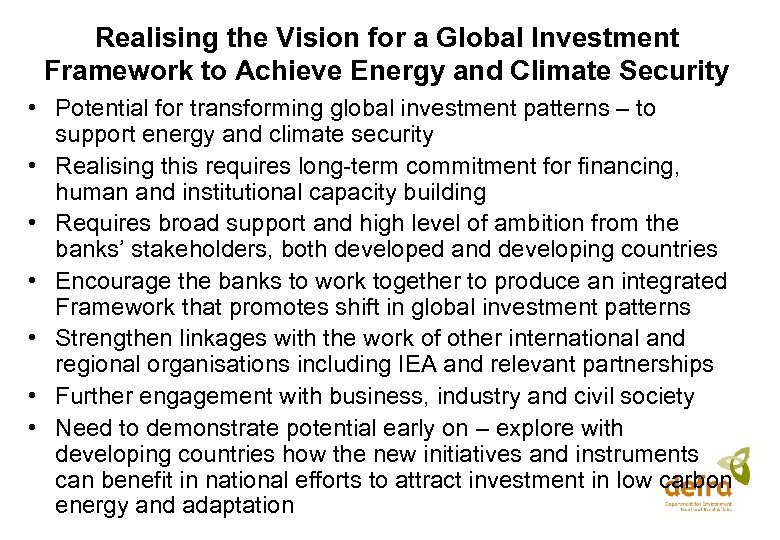 Realising the Vision for a Global Investment Framework to Achieve Energy and Climate Security