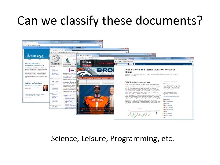 Can we classify these documents? Science, Leisure, Programming, etc. 