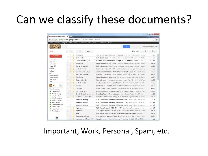 Can we classify these documents? Important, Work, Personal, Spam, etc. 