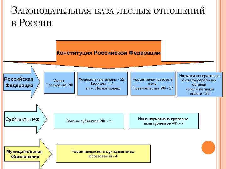 ЗАКОНОДАТЕЛЬНАЯ БАЗА ЛЕСНЫХ ОТНОШЕНИЙ В РОССИИ Конституция Российской Федерации Российская Федерация Субъекты РФ Муниципальные