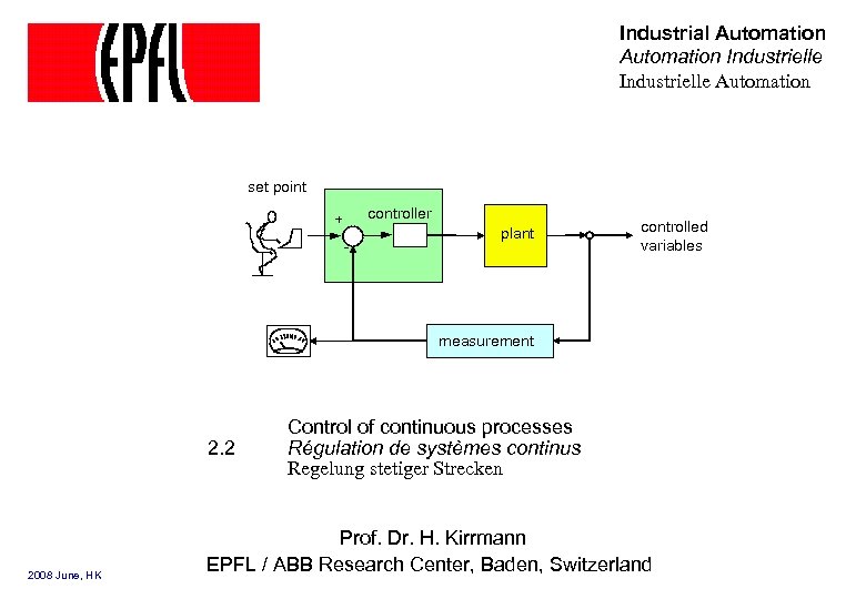 Industrial Automation Industrielle Automation set point controller + - plant controlled variables measurement 2.