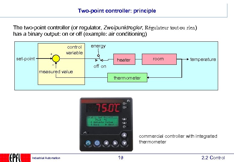 Two-point controller: principle The two-point controller (or regulator, Zweipunktregler, Régulateur tout ou rien) has