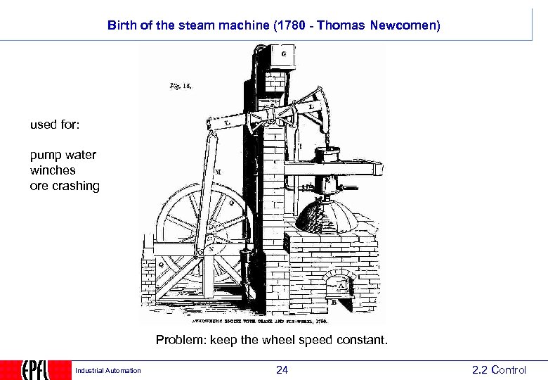 Birth of the steam machine (1780 - Thomas Newcomen) used for: pump water winches