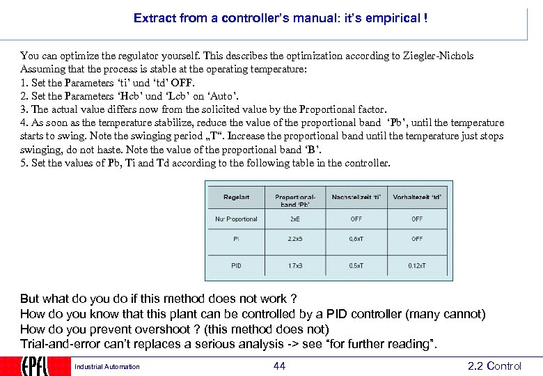 Extract from a controller’s manual: it’s empirical ! You can optimize the regulator yourself.