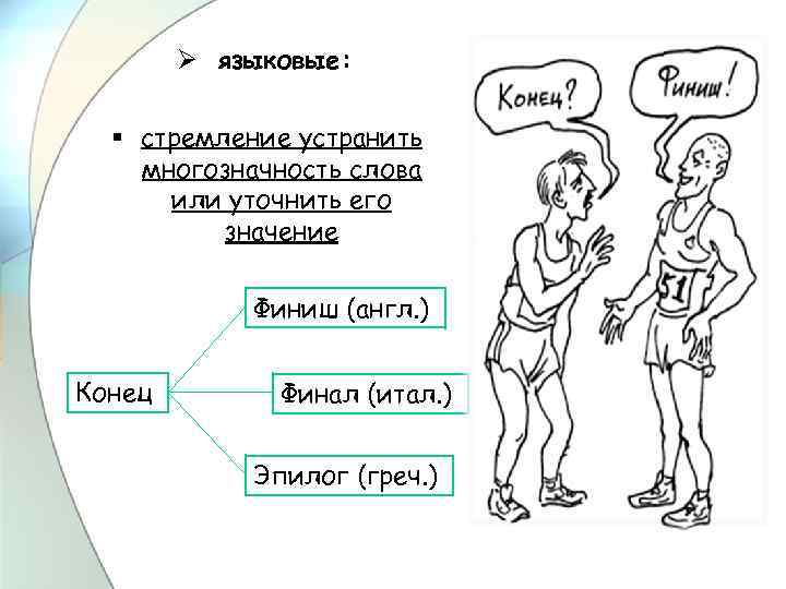 Ø языковые: § стремление устранить многозначность слова или уточнить его значение Финиш (англ. )