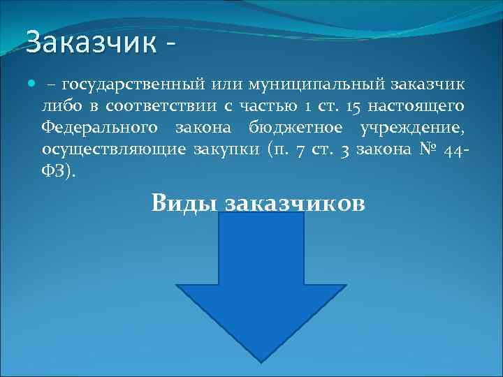 Заказчик – государственный или муниципальный заказчик либо в соответствии с частью 1 ст. 15