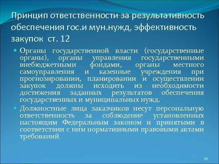 Принцип ответственности за результативность обеспечения гос. и мун. нужд, эффективность закупок ст. 12 Органы