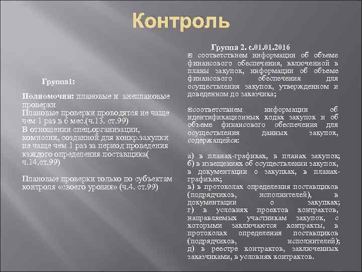 Контроль Группа 1: Полномочия: плановые и внеплановые проверки Плановые проверки проводятся не чаще чем