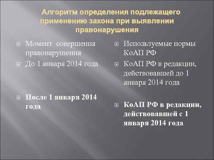 Алгоритм определения подлежащего применению закона при выявлении правонарушения Момент совершения правонарушения До 1 января