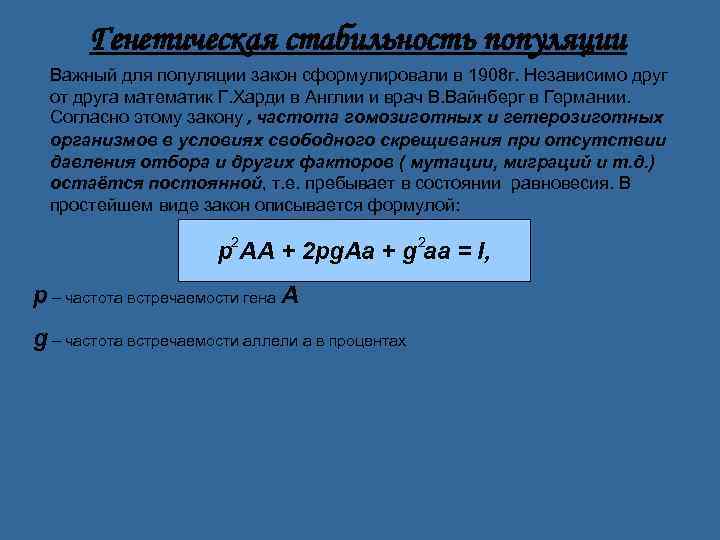 Генетическая стабильность популяции Важный для популяции закон сформулировали в 1908 г. Независимо друг от