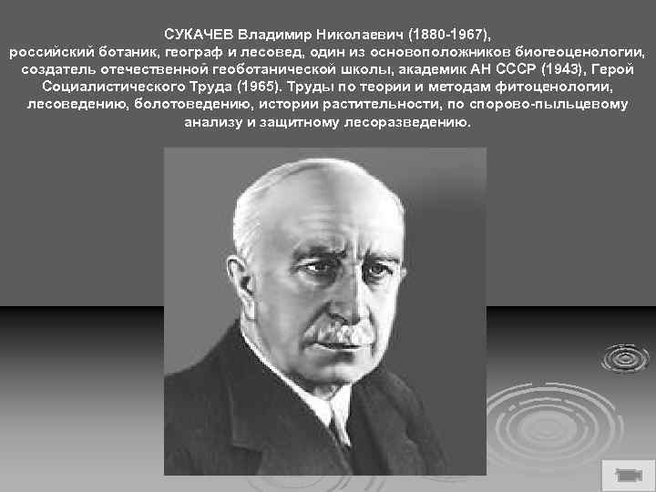 СУКАЧЕВ Владимир Николаевич (1880 -1967), российский ботаник, географ и лесовед, один из основоположников биогеоценологии,