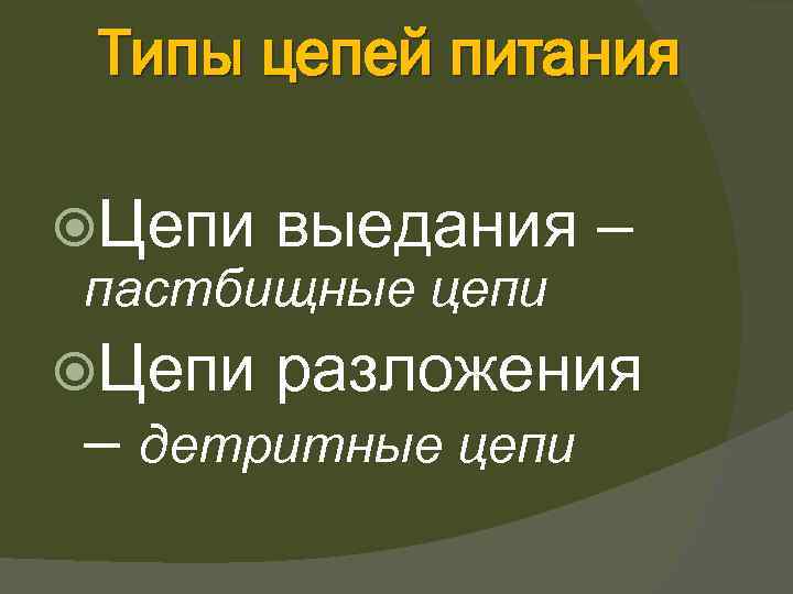 Типы цепей питания Цепи выедания пастбищные цепи – Цепи разложения – детритные цепи 