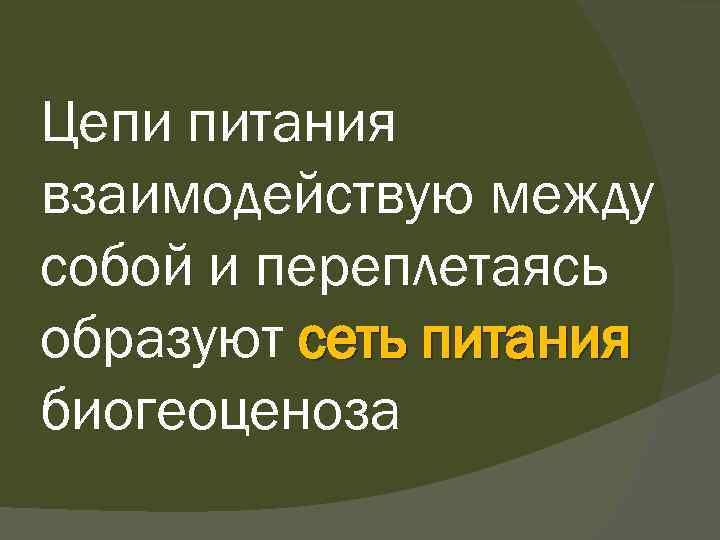Цепи питания взаимодействую между собой и переплетаясь образуют сеть питания биогеоценоза 
