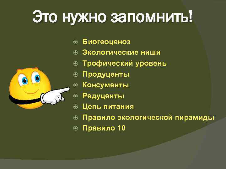 Это нужно запомнить! Биогеоценоз Экологические ниши Трофический уровень Продуценты Консументы Редуценты Цепь питания Правило