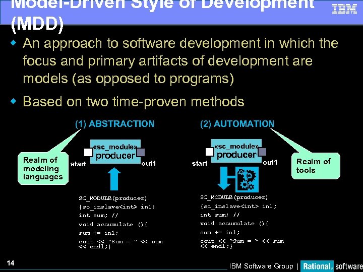 Model-Driven Style of Development (MDD) w An approach to software development in which the