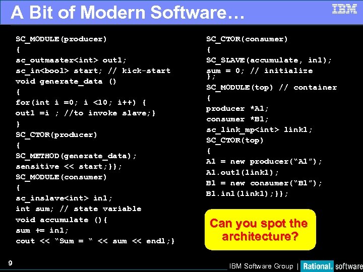 A Bit of Modern Software… SC_MODULE(producer) { sc_outmaster<int> out 1; sc_in<bool> start; // kick-start