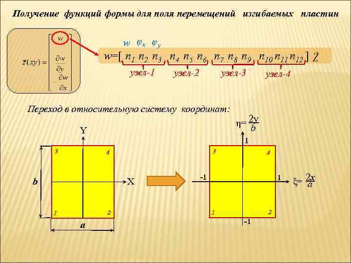 Получение функций формы для поля перемещений изгибаемых пластин w φx φy w=[ n 1