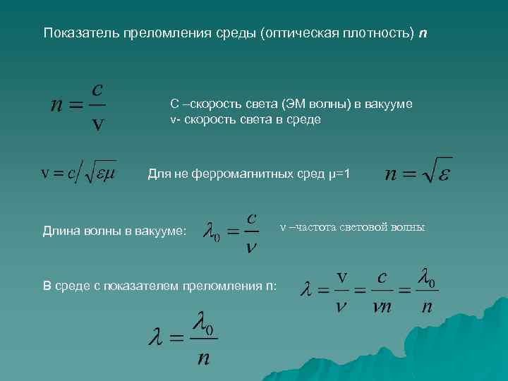 Показатель преломления среды (оптическая плотность) n C –скорость света (ЭМ волны) в вакууме v-