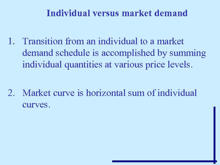 Individual versus market demand 1. Transition from an individual to a market demand schedule