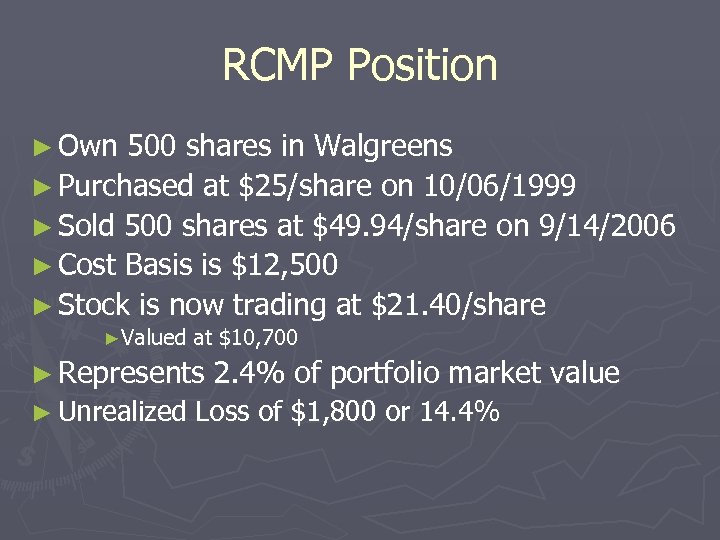 RCMP Position ► Own 500 shares in Walgreens ► Purchased at $25/share on 10/06/1999