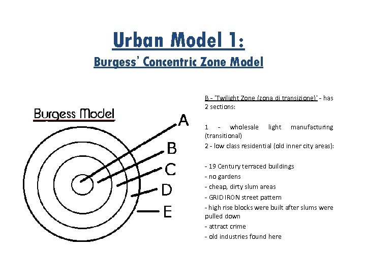 Urban Model 1: Burgess’ Concentric Zone Model B - ‘Twilight Zone (zona di transizione)’