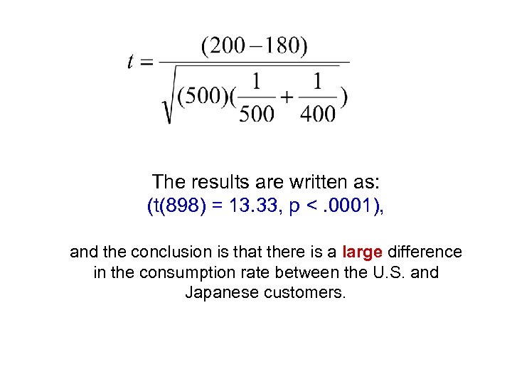 The results are written as: (t(898) = 13. 33, p <. 0001), and the
