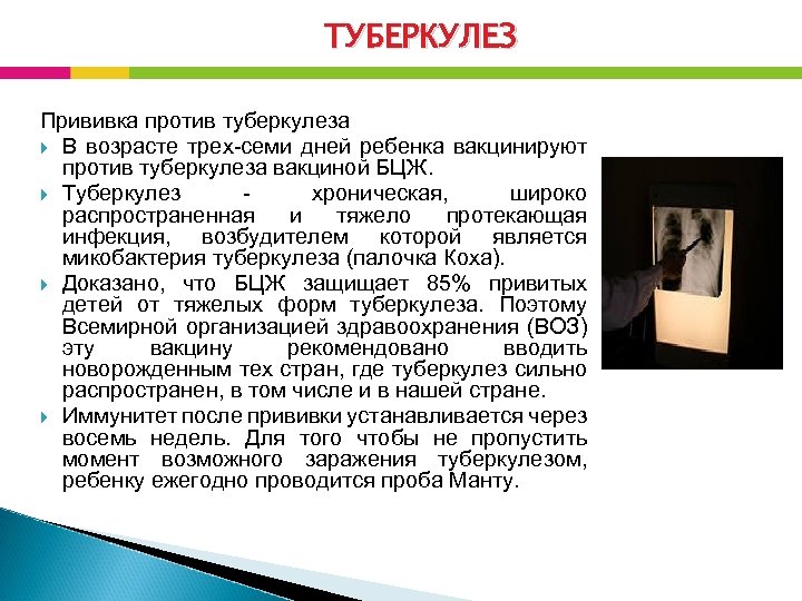 ТУБЕРКУЛЕЗ Прививка против туберкулеза В возрасте трех-семи дней ребенка вакцинируют против туберкулеза вакциной БЦЖ.