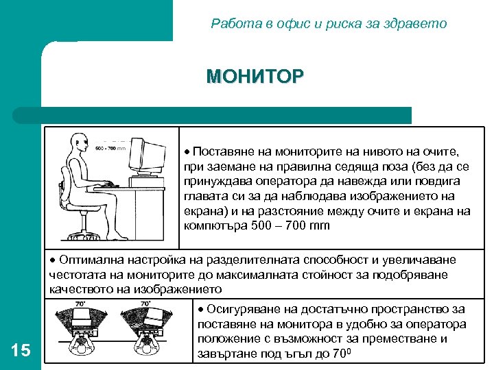 Работа в офис и риска за здравето МОНИТОР Поставяне на мониторите на нивото на