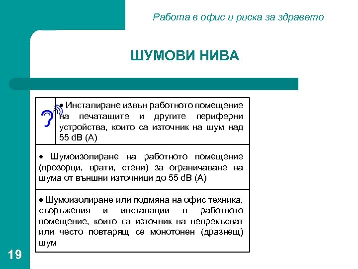 Работа в офис и риска за здравето ШУМОВИ НИВА Инсталиране извън работното помещение на