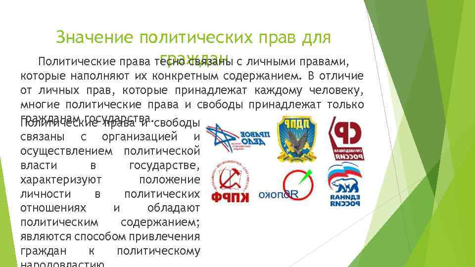 Значение политических прав для граждан Политические права тесно связаны с личными правами, которые наполняют