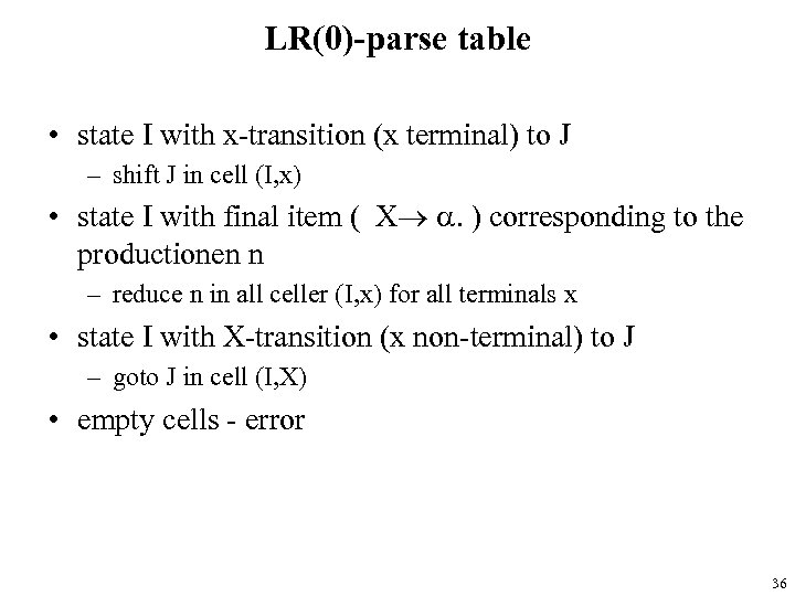 LR(0)-parse table • state I with x-transition (x terminal) to J – shift J